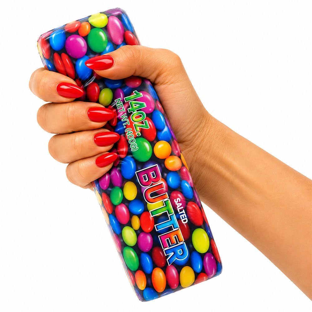 Didelis „Skittles“ sviesto „Squishy“ antistresinis žaislas („Butter Squishy“), 23cm, kvepia